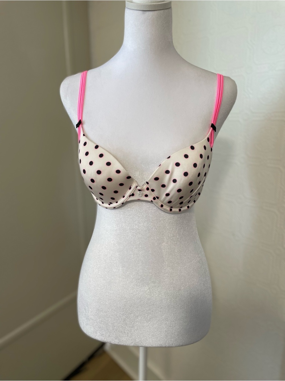 Victoria's Secret Cream Polka Dot Underwire Bra with Hot Pink Straps